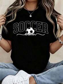 Women's "Soccer Mom" T-Shirt - Black Graphic T-Shirt With Soccer Ball Design, Loose Fit Casual T-Shirt For Soccer Fans, Perfect Gift For Moms And Sports Lovers, Spring/Summer Clothing, Excellent Gift For Her - 黑色 - 查看 1