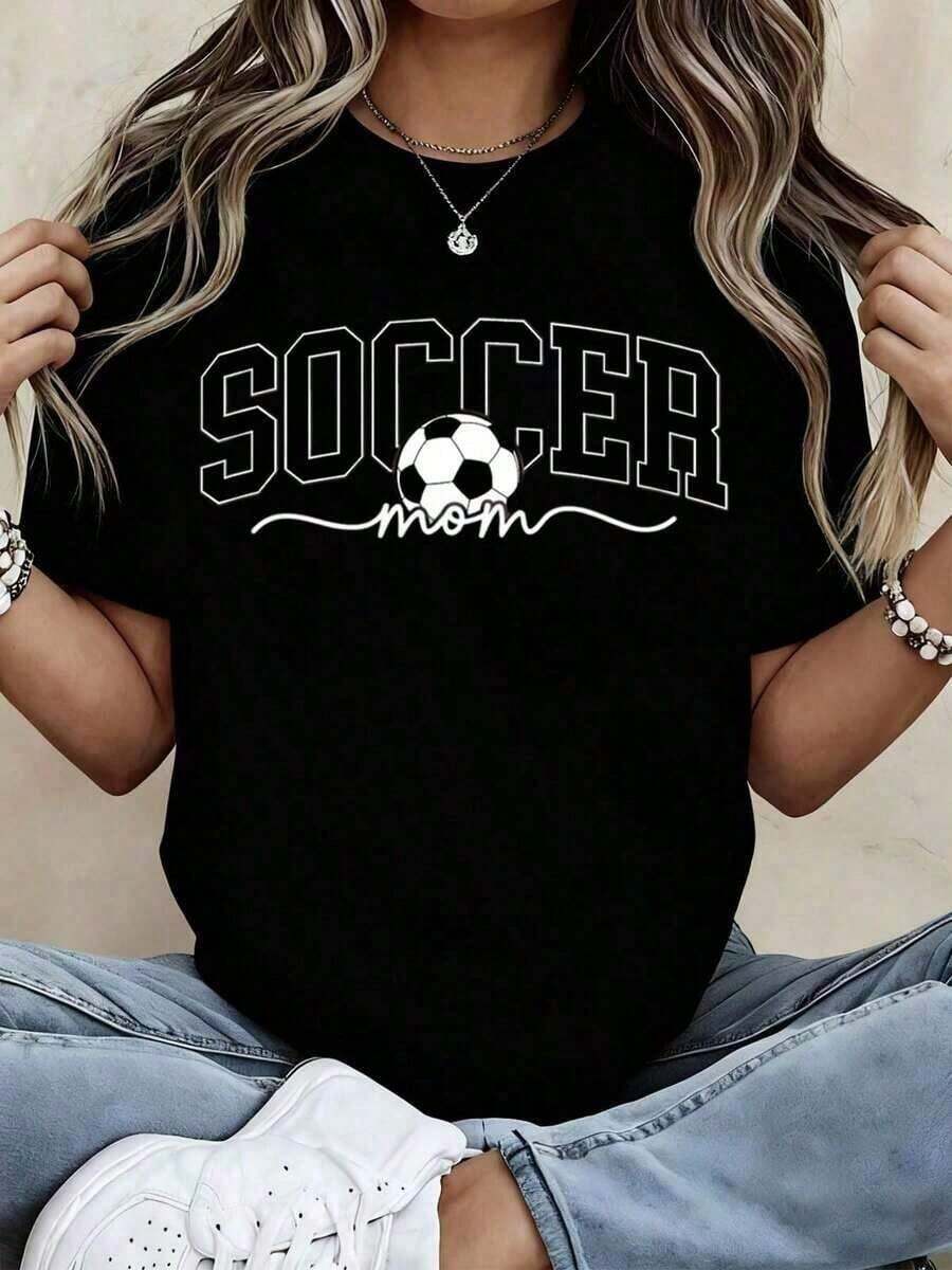 Women's "Soccer Mom" T-Shirt - Black Graphic T-Shirt With Soccer Ball Design, Loose Fit Casual T-Shirt For Soccer Fans, Perfect Gift For Moms And Sports Lovers, Spring/Summer Clothing, Excellent Gift For Her - 黑色 - 查看 1