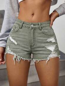 Ripped Raw Trim Denim Shorts Y2k - 綠色 - 查看 7