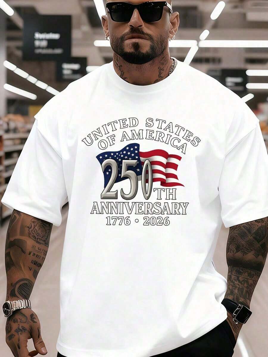 T-Shirt With A Fun And Cool Design For The 250th Anniversary, Casual Style, Modern And Attractive, For Men, 180g, Casual Wear, Loose Fit, T-Shirt With Personality, Aesthetic, Soft Fabric, Breathable Material, Fashionable Clothing, Short Sleeve T-Shirt For Young People, 100% Cotton. - 白色 - 查看 1