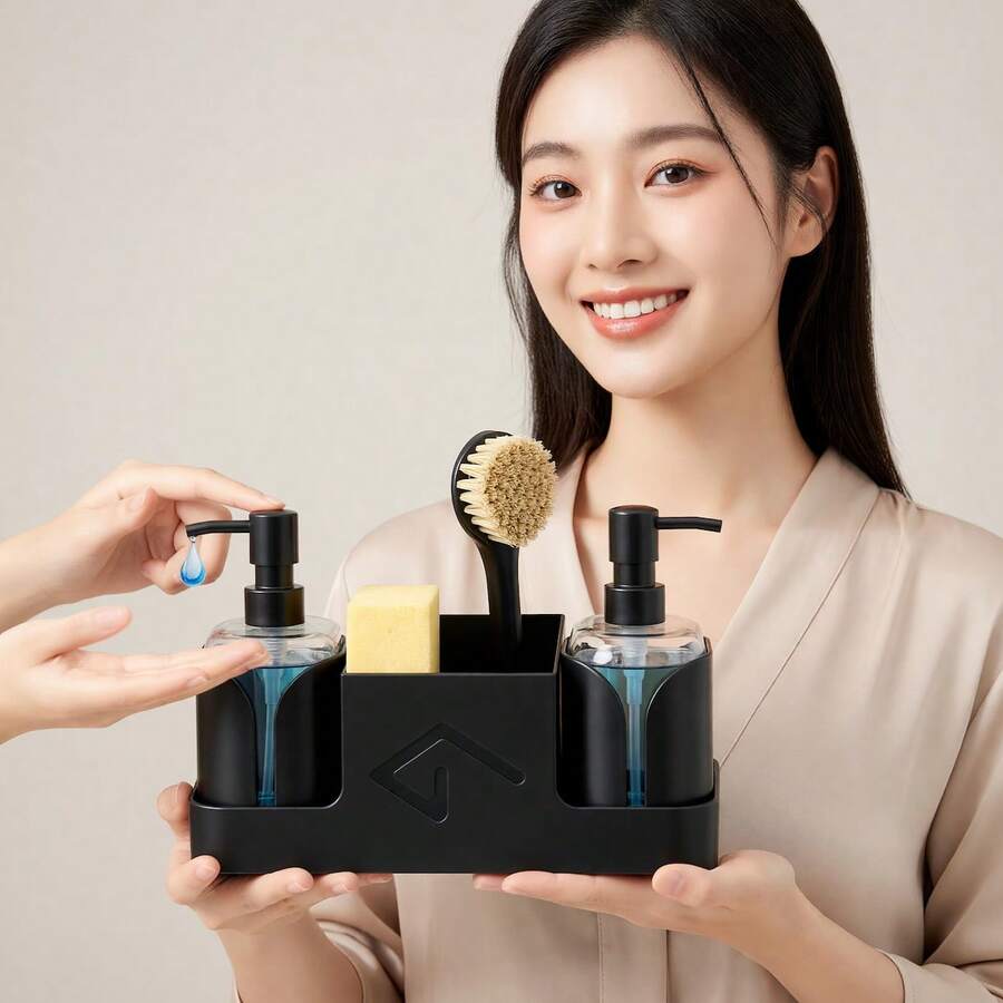 洗手液和洗洁精套装，双头设计，带海绵架和刷架，厨房水槽台面四合一收纳架，实用厨房工具 - 黑白