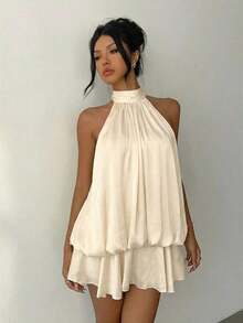 Vestido mini elegante de mujer con cuello halter y lazo en color amarillo claro - Albaricoque - Ver 6