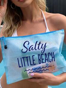 防水時尚沙灘包，印有「Salty Little Beach」海洋波浪圖案。大容量透明化妝包，尼龍拉鍊，輕巧，春/夏防曬收納，適合游泳、沙灘、潛水和夏季度假，學生返校，送給朋友、家人、閨蜜、同學的禮物。生日、節日、派對、婚禮（伴娘）、教師節的完美禮物和紀念品。郵輪必備，畢業、暑假、返校、開學禮物 - 彩色 - 查看 6