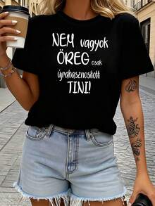 Hungría edad humor reciclado Tini letra impresión T - camisa mujer primavera - verano corto - manga tripulación - cuello casual T - camisa, ocio diario, regalo de vacaciones - Negro - Ver 2