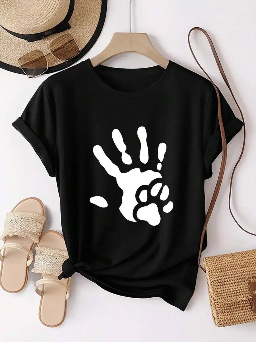 Camiseta deportiva de manga corta con cuello diario de tripulación con pata linda y huella impresa para mujeres | Tela elástica cómoda, media, toda la temporada