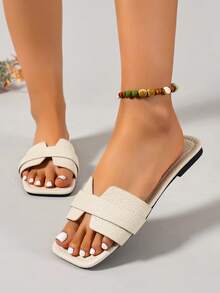 Ximi Ruo New Spring/Summer Fashion Casual Strap Slide Sandals, Comfortable Flat Heel Round Toe Beach Slippers, Versatile Slip-On Sandals For Women - Beige - View 5
