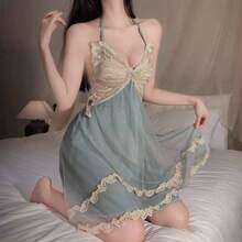 Double-Layer Mesh Camisole Robe, Charming Sleepwear, Nightgown, Large Butterfly-Shaped Shoulder Pads, Comfortable Bathrobe - Green Vest Dress - View 8