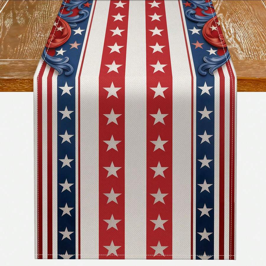 1pc Patriotic 4th Of July Table Runner, Red White And Blue Star Stripe Design, Perfect For Independence Day BBQ, Memorial Day And Summer Party Decoration - Multicolor - View 1
