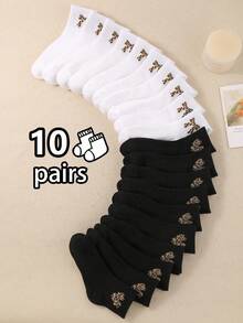 10 đôi tất in họa tiết da báo, nơ, trái tim ngẫu nhiên, tất trẻ em unisex màu đen trắng dễ thương, thoáng khí, mềm mại, phù hợp cho học sinh và thanh thiếu niên, quà tặng dự tiệc, đồ dùng cần thiết hàng ngày mùa hè. - Nhiều màu - Xem 6