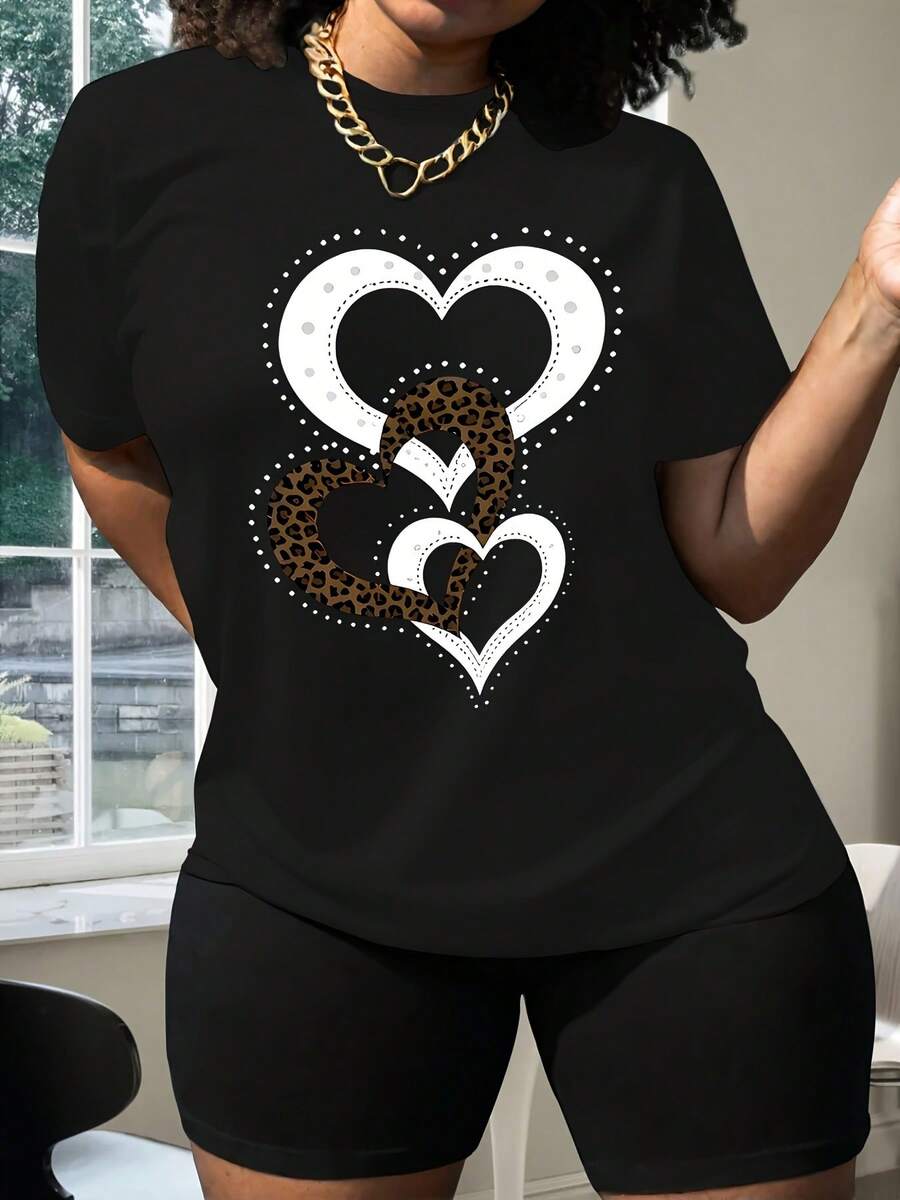 Plus Size, Women's Casual Fashion Printed T-Shirt 0-8XL, Fashion Base Layer, Daily Wear, Stylish, Comfortable, All-Weather, Relaxed Style, Women's Leisurewear - 黑色 - 查看 1
