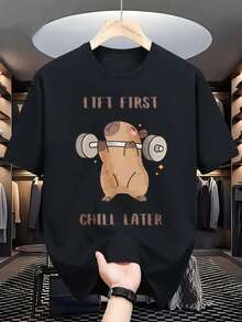 Men's/Women's Capybara Gym T-Shirt - Funny Lifting First Cold Later Weightlifting Graphic Workout Tee, Soft Loose Fit Uni Fitness T-Shirt For Weightlifting, Gym - Casual Wear - All Season With Capybara Design - 黑色 - 查看 1