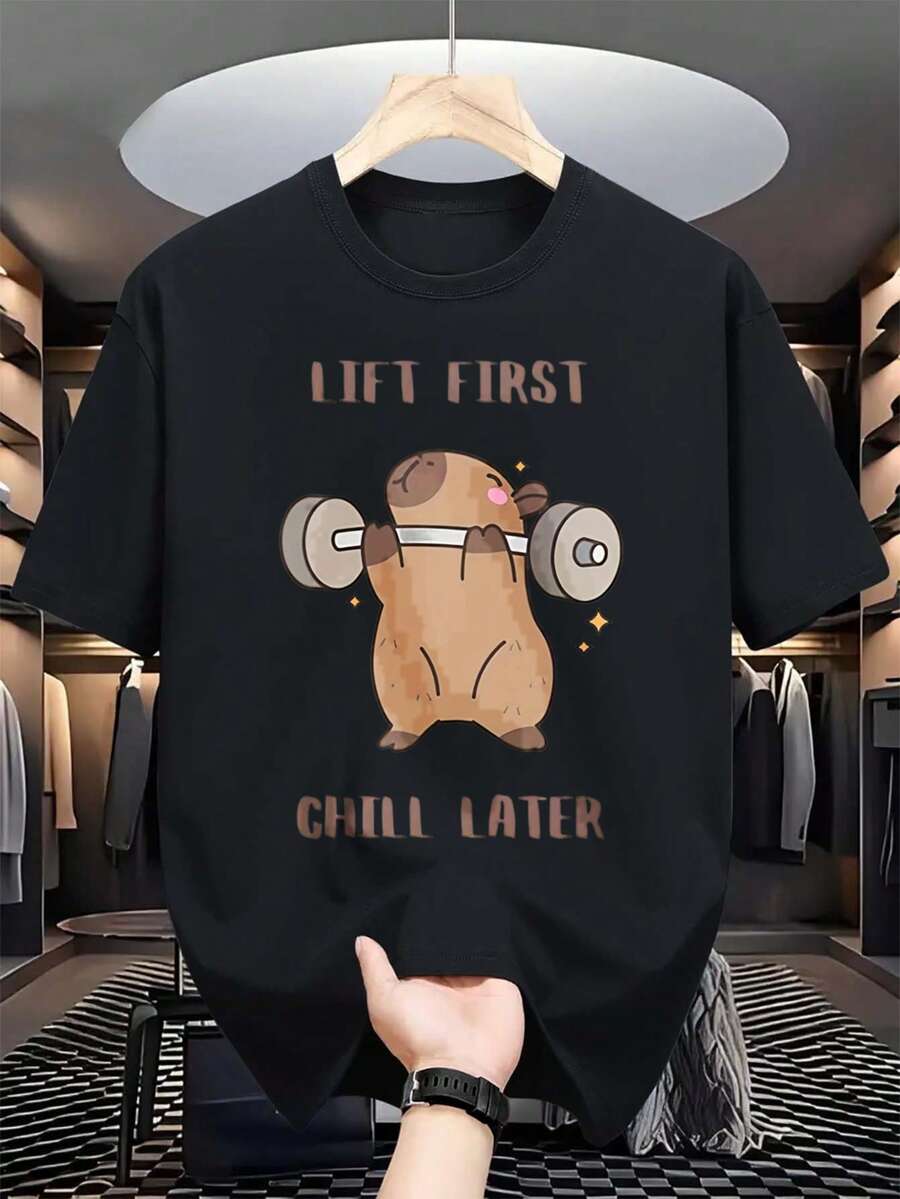 Men's/Women's Capybara Gym T-Shirt - Funny Lifting First Cold Later Weightlifting Graphic Workout Tee, Soft Loose Fit Uni Fitness T-Shirt For Weightlifting, Gym - Casual Wear - All Season With Capybara Design - 黑色 - 查看 1