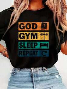 Camiseta de gimnasio con estampado de Dios, Jesús, fe cristiana, entrenamiento, gimnasio, camiseta informal cómoda para primavera y verano, ropa de mujer. Camiseta de manga corta, cuello redondo, tela suave y transpirable, blusas para mujer. Camisetas gráficas de verano para mujer. Camiseta casual estampada para mujer, manga corta y cuello redondo, moda urbana local de primavera/verano. - Negro - Ver 1