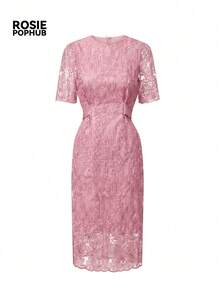 Robe rose Top de gamme pour femmes ROSIE POPHUB, avec lourde broderie de dentelle, col rond avec fente à l'ourlet, robe élégante pour soirée/mariage/anniversaire, nouvelle arrivée printemps/été - Rose bonbon - Voir 5