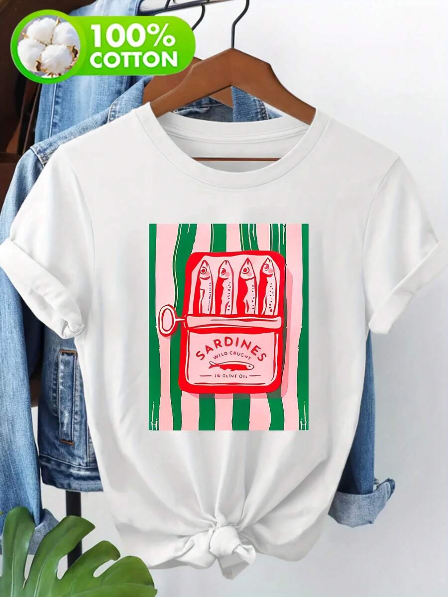 Camiseta pura de moda casual de mujer, 100% tripulación - cuello corto - Sve, impreso con patrón Funnardine, cómodo y único.