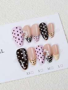 10pcs Handmade Apricot, Brown, Yellow Polka Dot French Manicure 3D Cute Minimalist Luxury False Nails - Multicolor - View 4