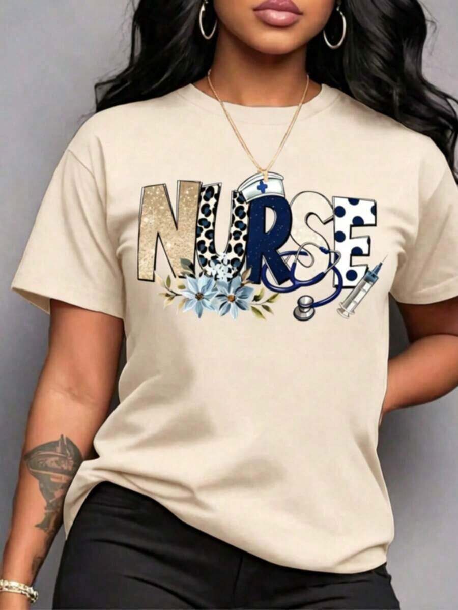 Camiseta Holgada Sencilla Mujer Estilo Moderno - Diseño Temático, Manga Corta, Cuello Redondo, Corte Holgado, Transpirable y Lavable a Máquina, en un Brillante Azul Turquesa con Estampados de Estetoscopio y Jeringa, un Divertido Atuendo de Enfermería Adecuado para Uso Casual en Primavera, Verano y Otoño, Ideal para el Día de la Enfermera y Ropa de Trabajo Diaria. Camiseta Mujer Estampado Gráfico Verano 2026 - Albaricoque - Ver 1