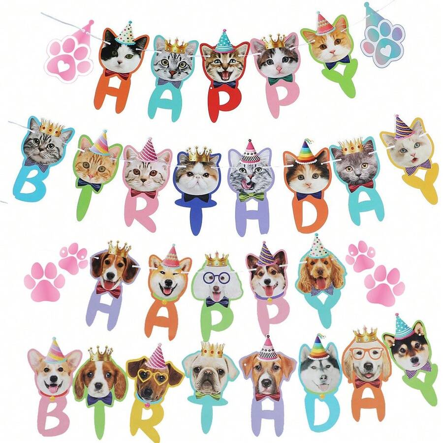 Pancarta de decoración para fiesta de cumpleaños con tema de gatos, pancarta de cumpleaños de perro con dibujos animados de gatos
