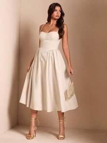 Elegante vestido largo sin mangas con manga abultada para mujer, adecuado para citas diarias, salidas, discotecas, fiestas, temporada de otoño - Albaricoque - Ver 8