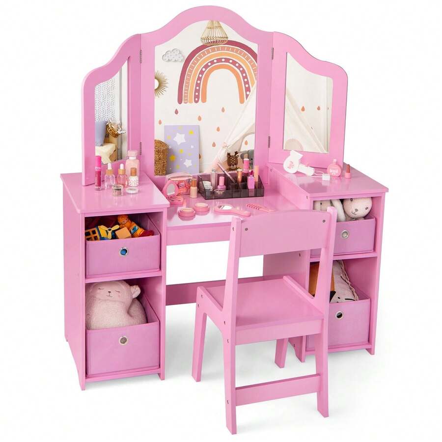 COSTWAY Kids Vanity Table & Chair Set, 2-In-1 Princess Pretend Play Makeup Vanity Set W/ 3 Removable Mirrors, 4 Storage Bins For Girls, Makeup Dressing Table & Chair Set With Mirror, Pink - Pink - View 1