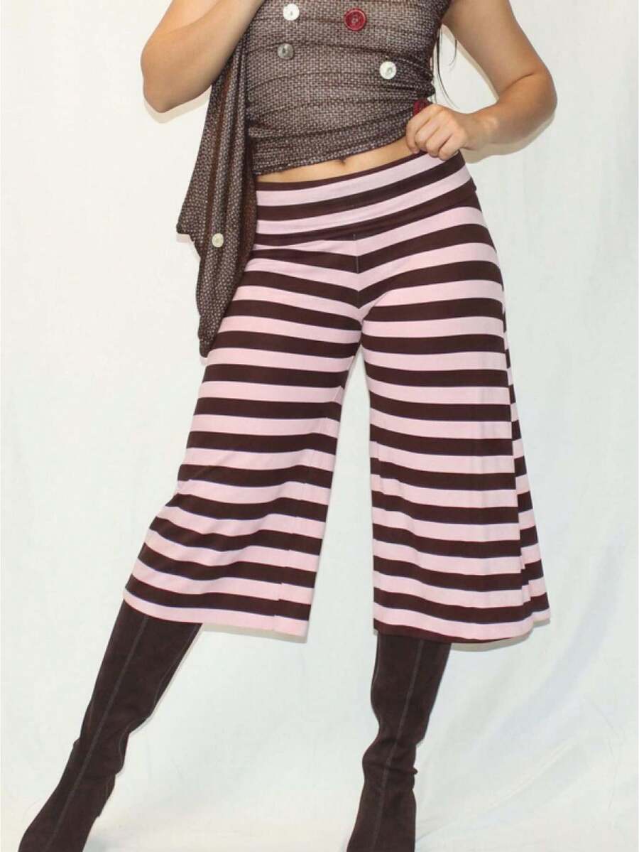 Women's Striped Fold-Over Waist Capri Pants, High-Waisted Wide Leg Knit Trousers, Y2K Retro Casual Chic Minimalist Everyday Brunch Beach Vacation Summer Errands Loungewear For Ladies - 粉色 - 查看 1