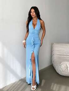 Women's Solid Color Deep V Casual Fringe Hem Beach Wedding Vacation Dress - Blue - View 2