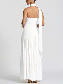 Vestido elegante y sexy de unicolor con abertura para fiesta, vacaciones y boda, color verde oscuro para primavera - Blanco - Ver 2