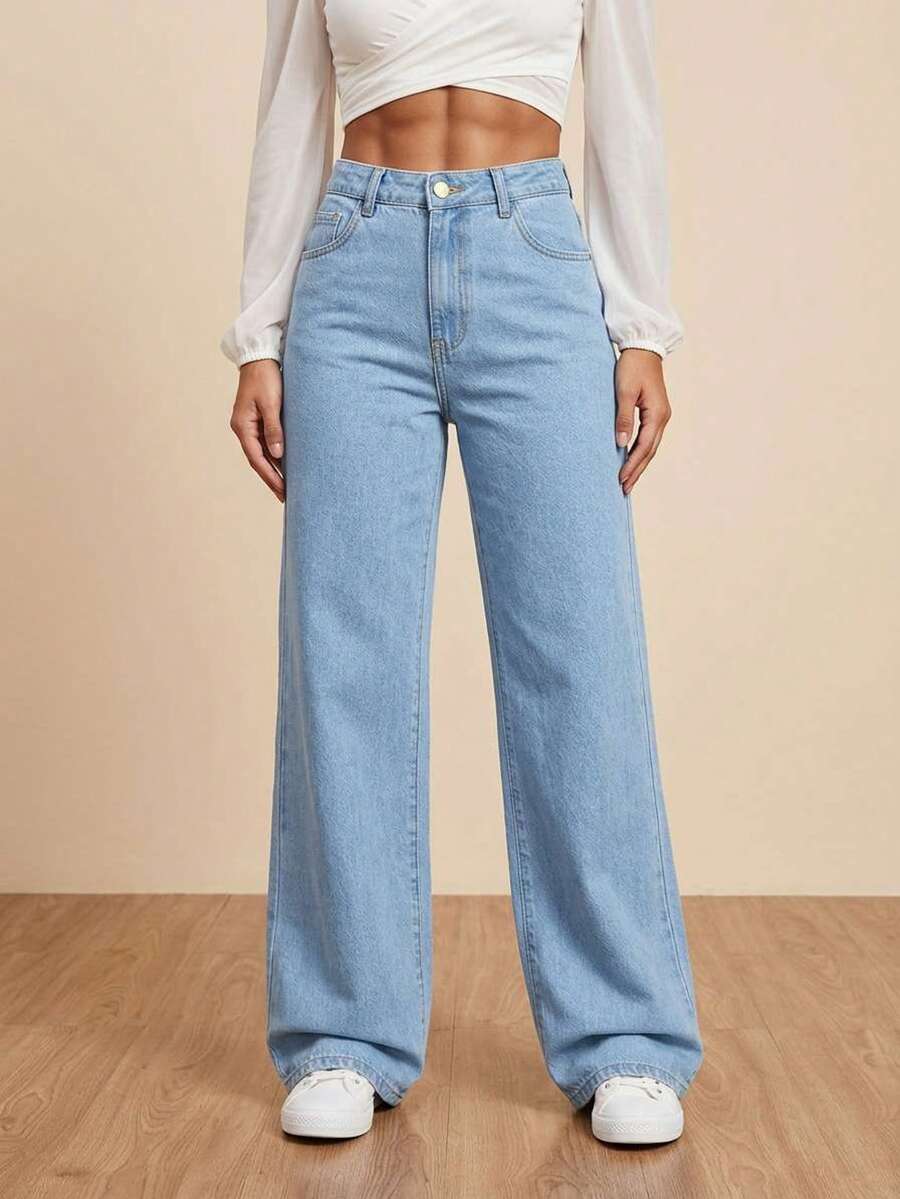 Women's Wide Leg Jeans, High Waist, Butt Lifting Design - 淺色水洗藍 - 查看 1
