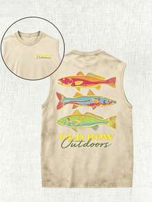 Men's Casual Summer Washed Cotton T-Shirt Old Row Outdoor Fish Print, Round Neck Short Sleeve Lightweight Knitted Fabric, Rib Details 100% Cotton - 米色背心 - 查看 12