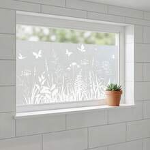 1pc White Butterfly & Floral Glass Sticker, Frosted Window Film, Removable Non-Adhesive Privacy Glass Decal, UV Protection, Suitable For Home Decor - Pearlescent Frosted Film - View 2