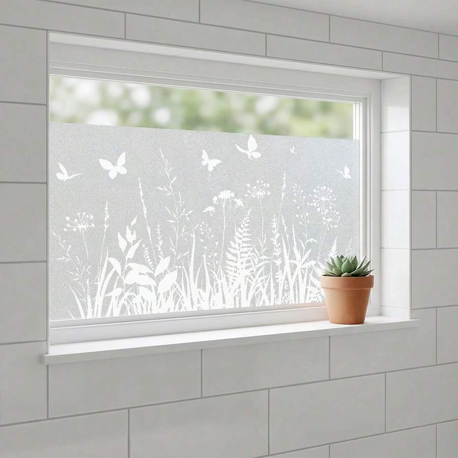 1pc White Butterfly & Floral Glass Sticker, Frosted Window Film, Removable Non-Adhesive Privacy Glass Decal, UV Protection, Suitable For Home Decor
