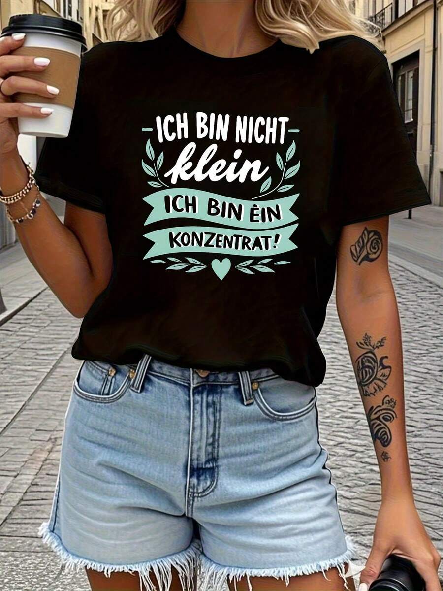 I'm Not Small, I'm A Concentrated Leaf And Cute Warm Elements In The Shape Of A Heart Print Letter Round Neck Spring Summer Women's T-Shirt - 黑色 - 查看 1
