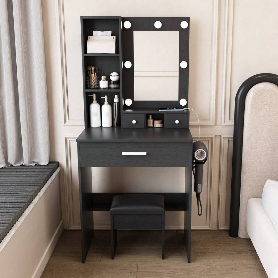 طاولة تزيين صغيرة / طاولة تزيين حديثة / مع مرآة وحامل مجفف الشعر وكرسي مبطن / طاولة تزيين مع أدراج ورف / مناسبة لغرف النوم وغرف التزيين - الأسود - مشاهدة 1