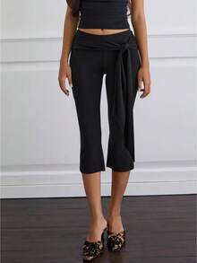 Women Y2k Polka Dot Printed Capris Cute Low Rise Stretchy Cropped Pants Side Bow Tie Skinny Capri Leggings Going Out - 黑色 - 查看 1
