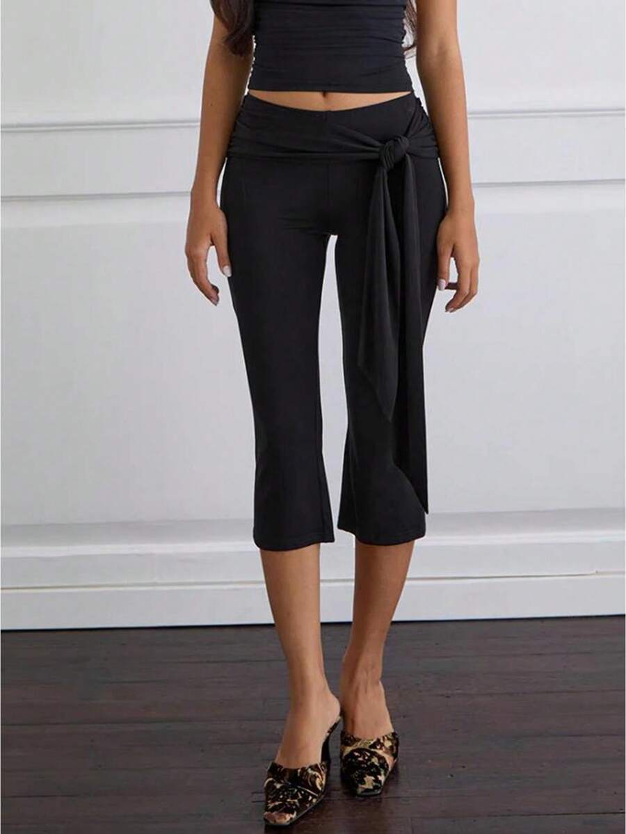 Women Y2k Polka Dot Printed Capris Cute Low Rise Stretchy Cropped Pants Side Bow Tie Skinny Capri Leggings Going Out - 黑色 - 查看 1