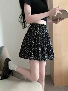 韩版黑色碎花迷你裙，女士夏季蛋糕裙A字裙度假装 - 黑色 - 查看 3