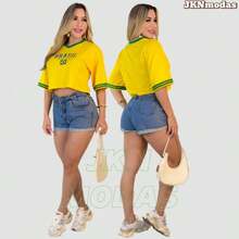Women's Oversized Cropped Top With Brazil Print, 100% Cotton, Prime Fabric, World Cup 2026, Blouse, T-Shirt, International Fashion. - 黃色 - 查看 6