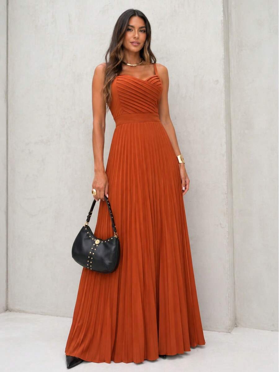 Women's Long Pleated Dress With Crossover Detail At The Bust – Ideal For Special Events Such As Weddings And Graduations - 紅陶 - 查看 1