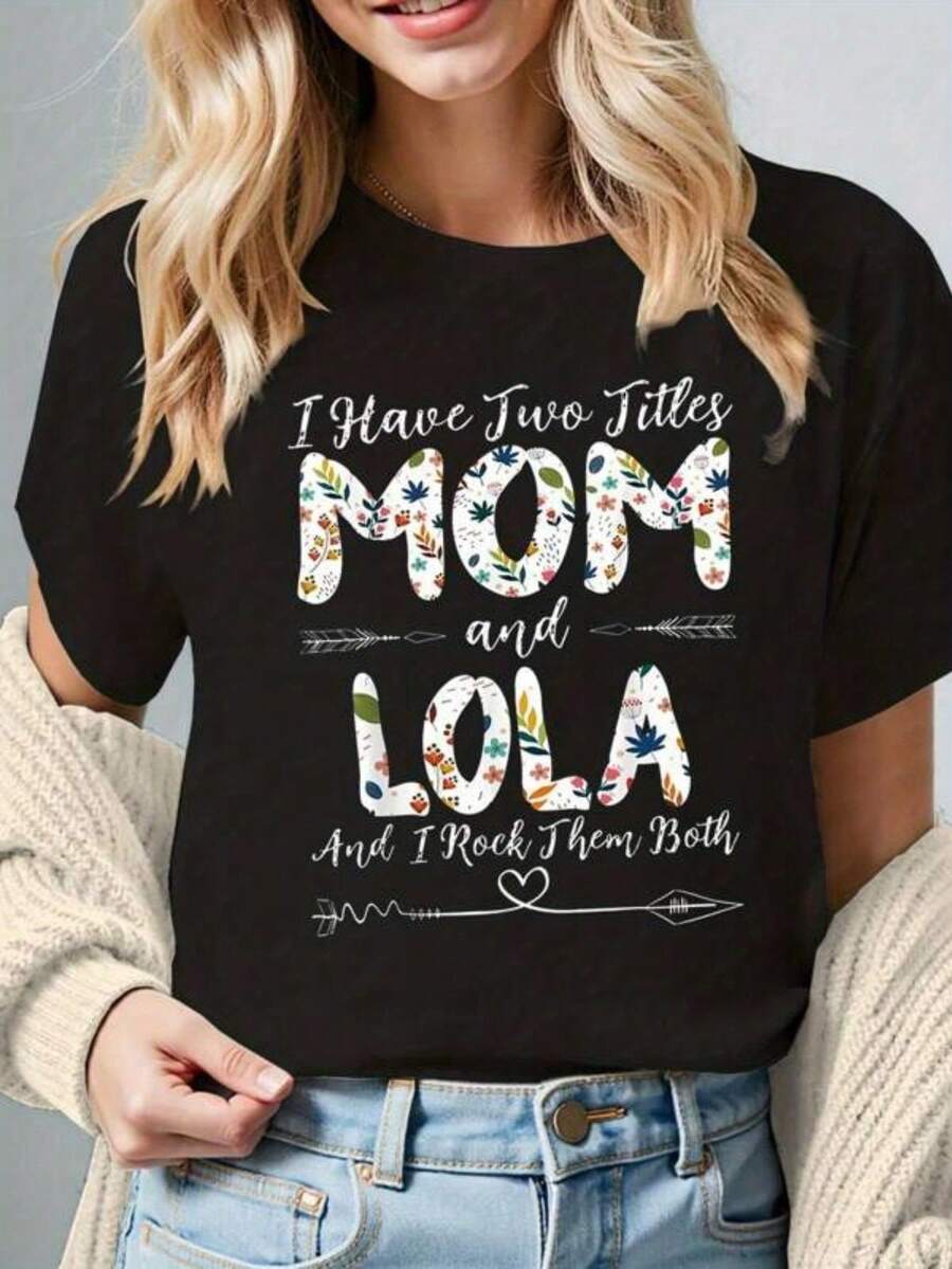 Women's And Filipino Uni "I Have Two Titles Mom And Lola" T-Shirt - Bilingual English/Tagalog Print, Soft Breathable Short Sleeve Neckline, Gift Of Filipino Culture For Grandma, Mom, Lola - Casual Summer And All Year Round - 黑色 - 查看 1