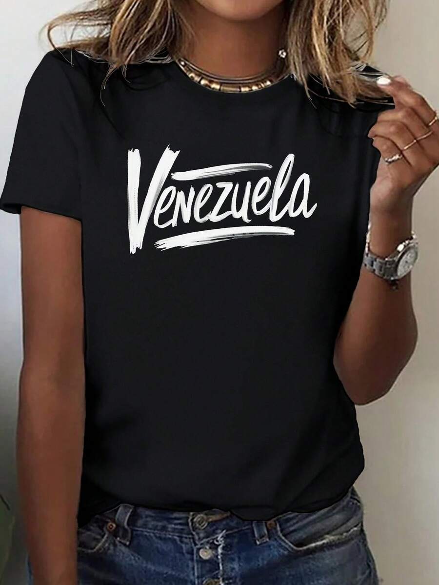 Elegant Women's Brushstroke Lettering T-Shirt - Solid Blue Base With White Print, Comfortable Casual & Art-Casual Top, Machine Washable, Bias-Cut, Casual Wear - 黑色 - 查看 1
