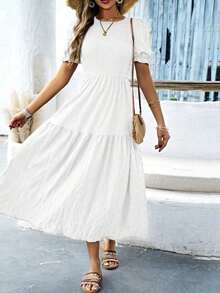 Vestido largo elegante de mujer con cuello redondo, mangas cortas abullonadas, plisado y casual de verano - Blanco - Ver 7