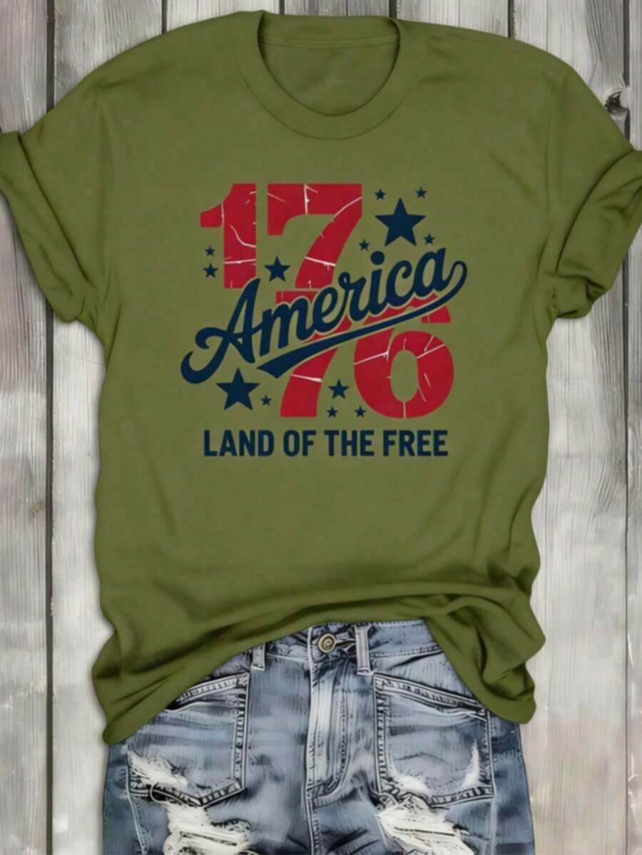 1 "American Freedom 1776" T-Shirt, White Crew Neck T-Shirt, Women's "America 1776" T-Shirt - Vintage Distressed T-Shirt With 1776 Graphic And Stars, Crew Neck, Casual Style For The 4th Of July - 軍綠色 - 查看 1