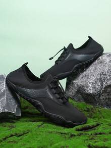 Men's Fashion All-Black Quick-Dry Letter Drawstring Design Outdoor Amphibious Soft-Sole Beach Hiking Barefoot Shoes, Suitable For Wading, Beachcombing, Minimalist, Refreshing And Comfortable, Unisex Sports Water Shoes - Black - View 10