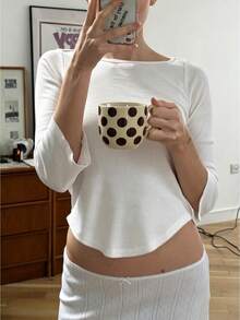Women's 3/4 Sleeve Crop Tops Boat Neck Curved Hem Slim Fit Raglan Contrast Trim Casual Vintage Lace Trim Spring Summer Daily Wear Streetwear Basic Tees - 白色 - 查看 1