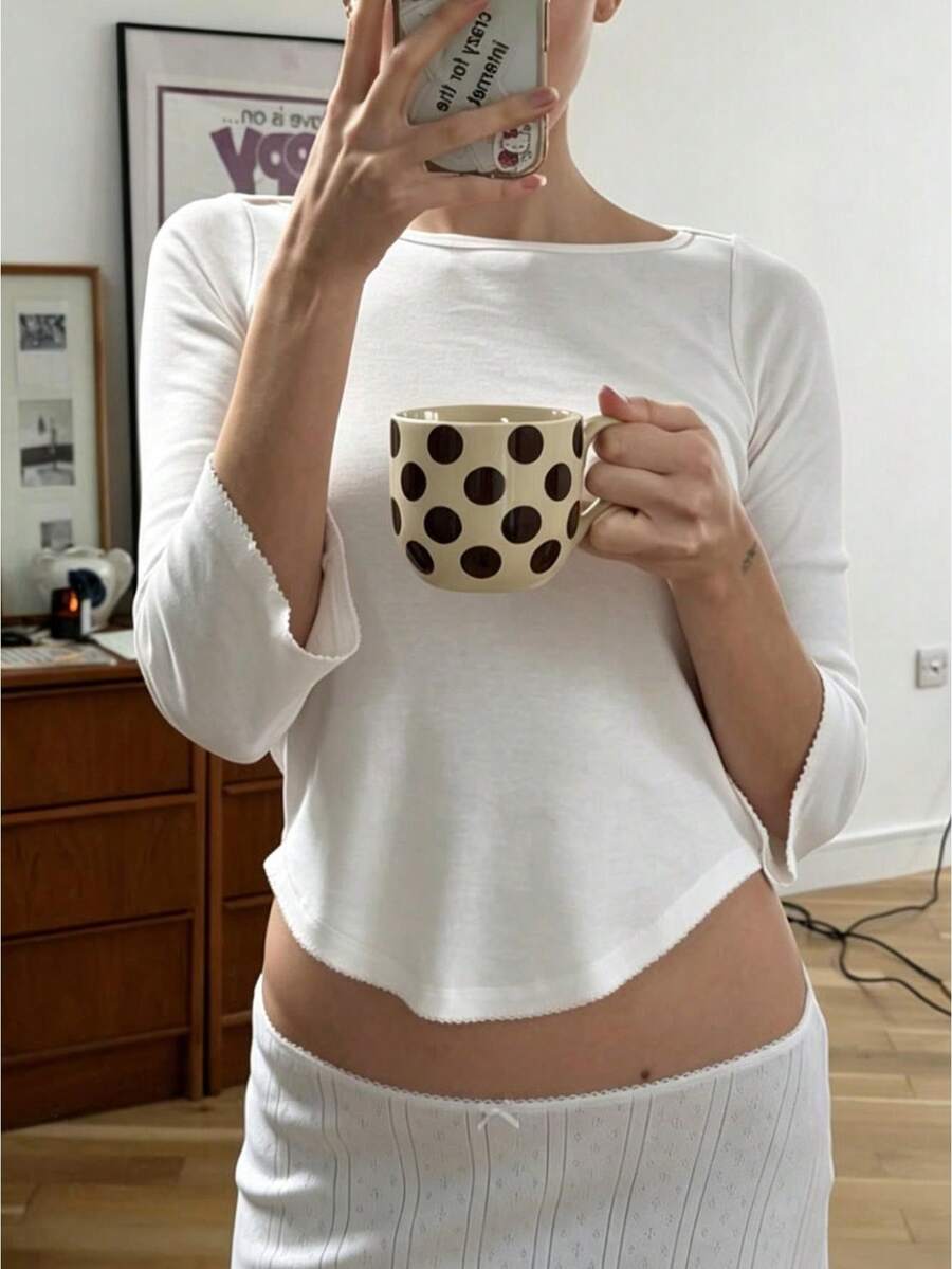 Women's 3/4 Sleeve Crop Tops Boat Neck Curved Hem Slim Fit Raglan Contrast Trim Casual Vintage Lace Trim Spring Summer Daily Wear Streetwear Basic Tees - 白色 - 查看 1