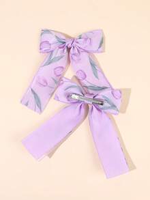 2pcs Purple Tulip Print Ribbon Hair Bow Clips,Alligator Clips,Flower Pattern Bow Hair Clips,Exquisite Gentle Barrettes,Elegant Fashion Spring Summer Hair Accessories,Women Hair Accessories For Daily Life,Bobby Pin,Hair Claws - Multicolor - View 5