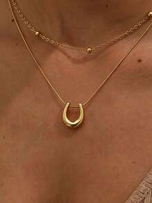 18K Gold Plated Stainless Steel Heart Pendant Necklace, Detachable Cubic Zirconia Heart Charm Necklace Vintage U-Shaped Gold-Color Horseshoe Choker Necklace Minimalist Heart-Shaped Paper Clip Necklace Bohemian Multi-Layer Beaded Necklace, Beach Holiday Style Women's Fashion Jewelry Gift, Gift For Her, Commemorative Jewelry - Gold - View 4