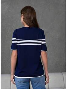 Women's Crew Neck Short Sleeve Striped Knit Blouse - Navy Blue - View 5