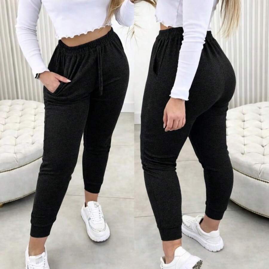 Women's High-Waisted Jogger Pants - Warm, Soft, And Comfortable - 黑色 - 查看 1