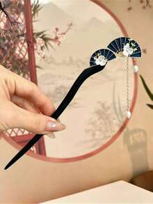 1件復古扇形流蘇髮簪，精緻高端質感；新中式珍珠流蘇搖曳髮飾，女款髮夾頭飾髮簪 - 扇子款 - 查看 3